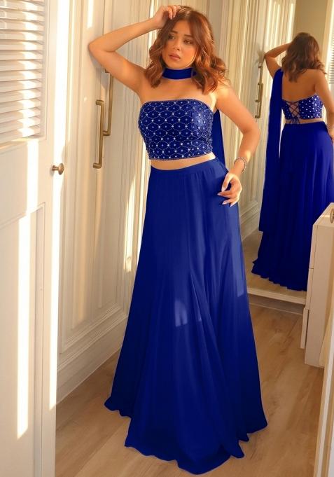 Royal Blue Embroidered Georgette Lehenga Set