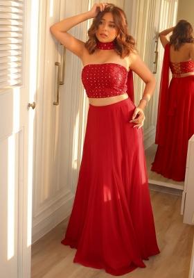 Red Embroidered Georgette Lehenga Set