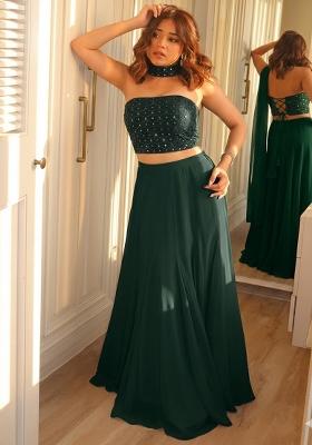 Bottle Green Embroidered Georgette Lehenga Set
