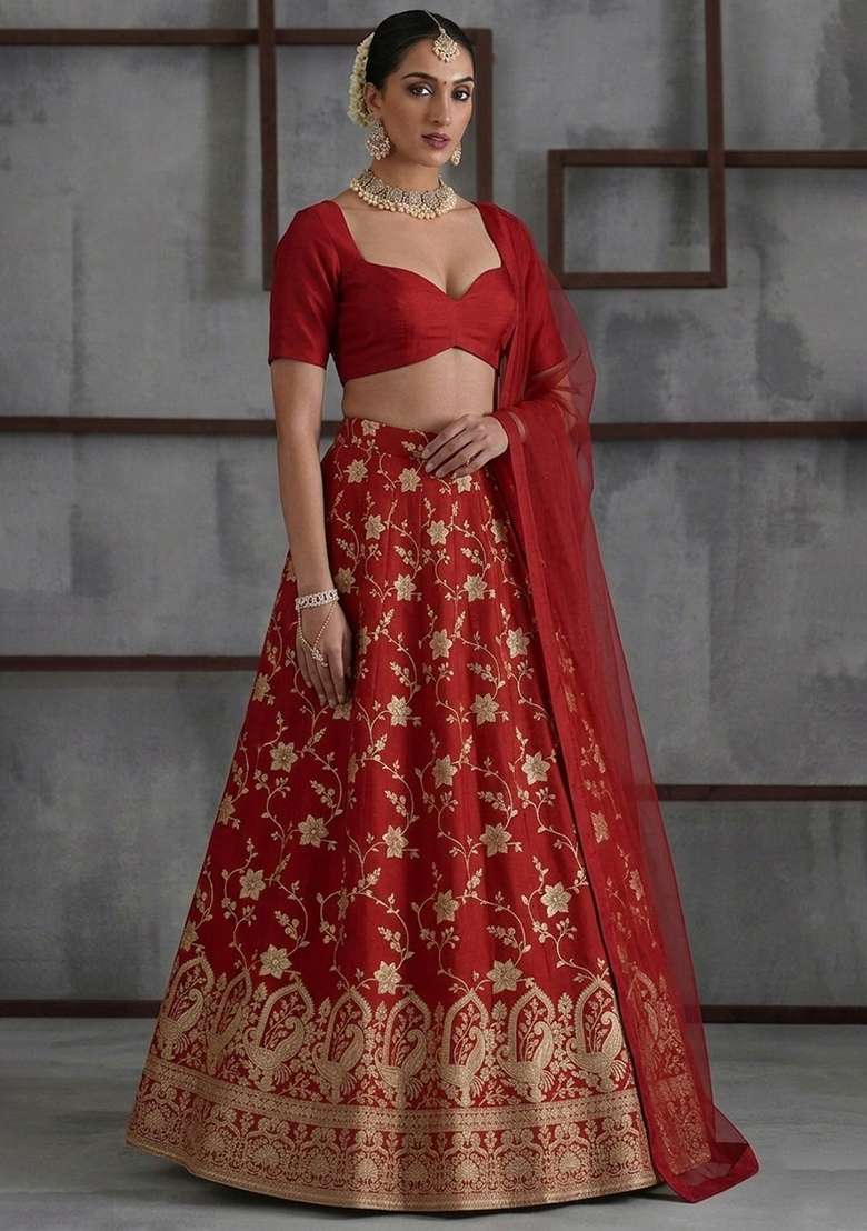 Deep Red Tissue Lehenga Set - Indya