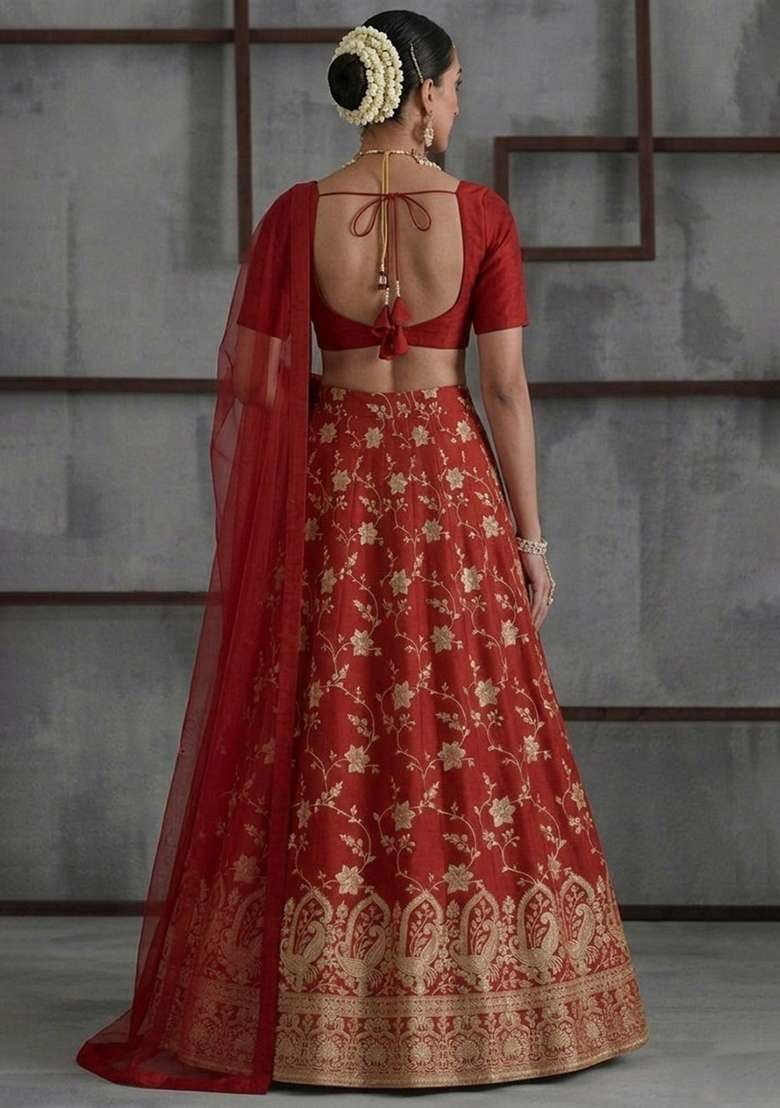 Deep Red Tissue Lehenga Set - Indya