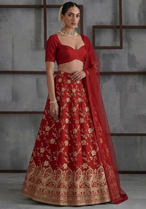 Deep Red Tissue Lehenga Set