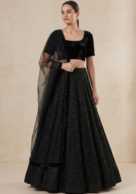 Jet Black Embroidered Velvet Lehenga Set
