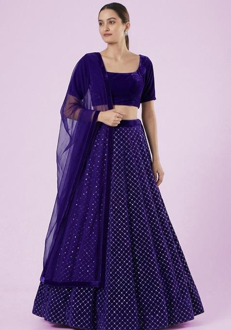 Violet Embroidered Velvet Lehenga Set