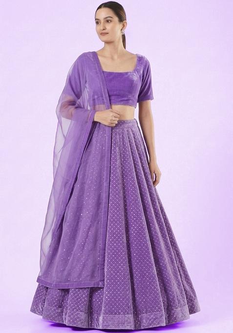 Lilac Embroidered Velvet Lehenga Set