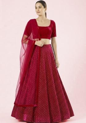 Rani Pink Embroidered Velvet Lehenga Set