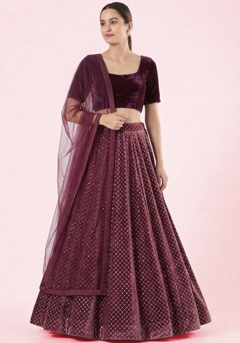 Brown Embroidered Velvet Lehenga Set