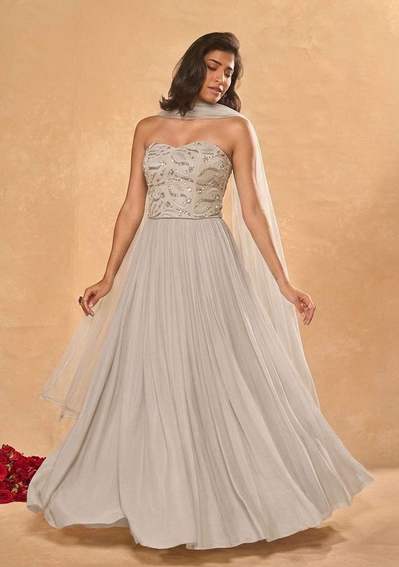 White Embroidered Georgette Lehenga Set - Indya