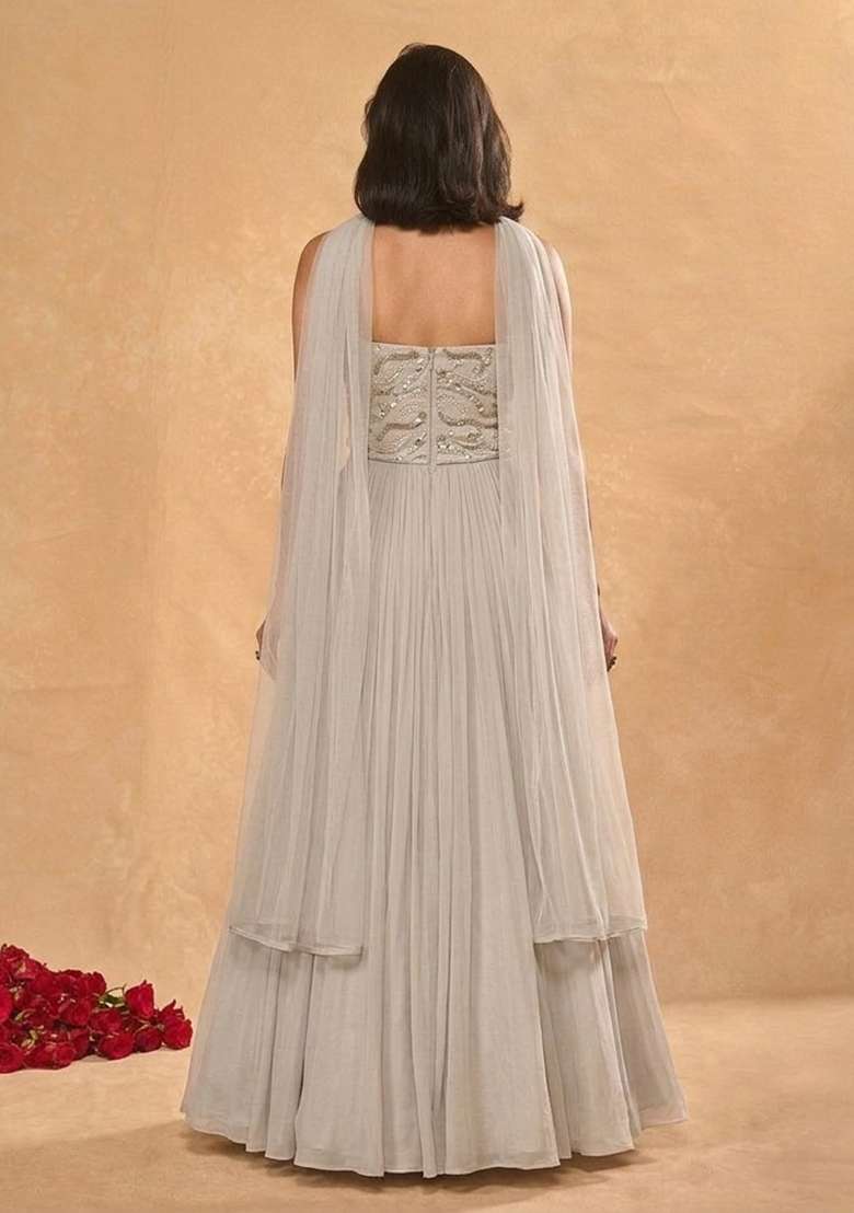 White Embroidered Georgette Lehenga Set - Indya