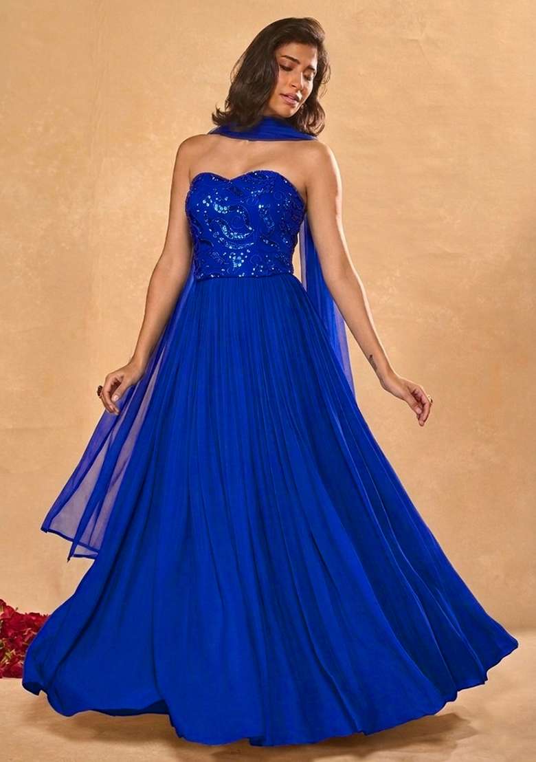 Royal Blue Embroidered Georgette Lehenga Set - Indya