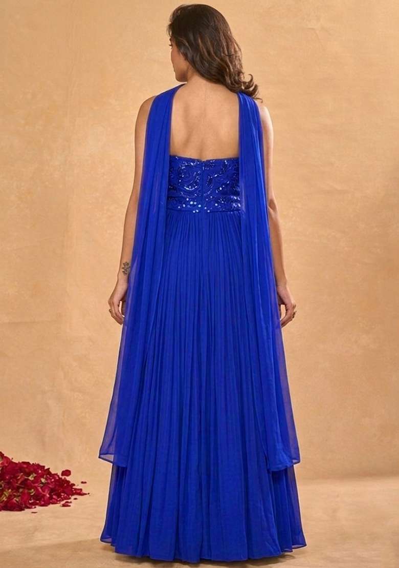 Royal Blue Embroidered Georgette Lehenga Set - Indya
