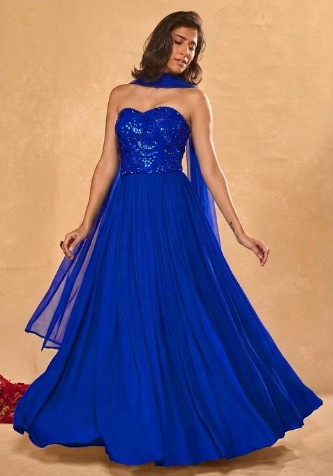 Royal Blue Embroidered Georgette Lehenga Set