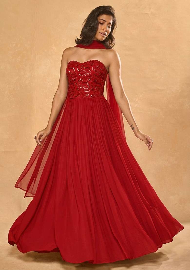 Red Embroidered Georgette Lehenga Set - Indya