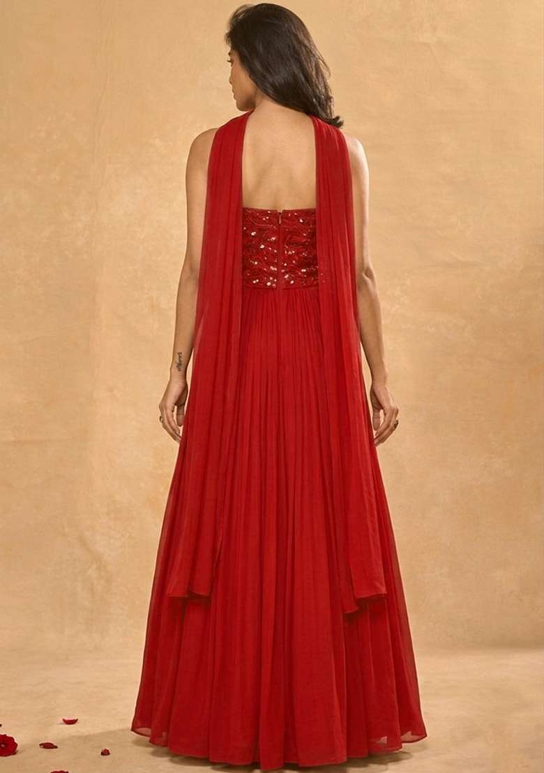 Red Embroidered Georgette Lehenga Set - Indya