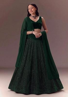 Bottle Green Embroidered Velvet Lehenga Set