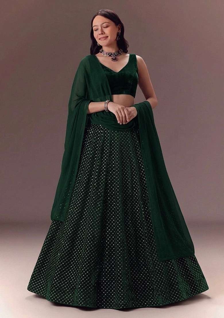Bottle Green Embroidered Velvet Lehenga Set - Indya