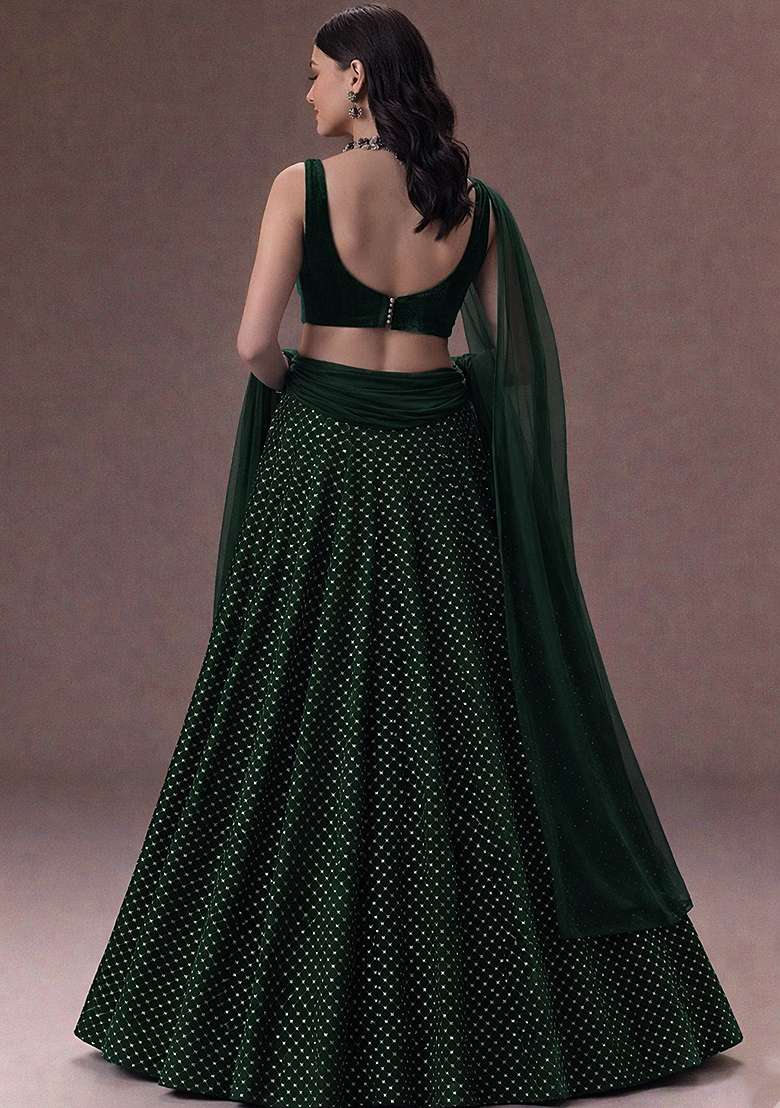Bottle Green Embroidered Velvet Lehenga Set - Indya