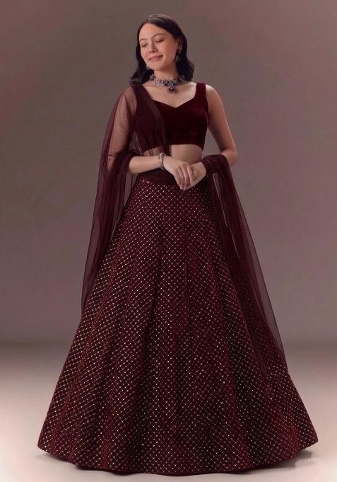 Maroon Embroidered Velvet Lehenga Set