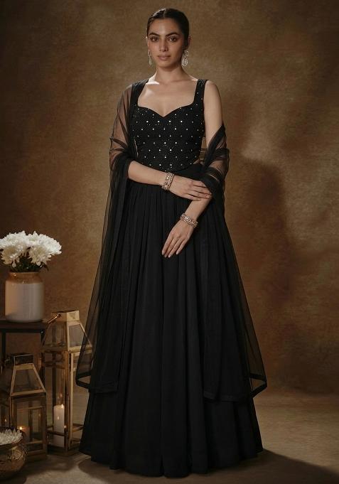 Jet Black Embroidered Georgette Lehenga Set