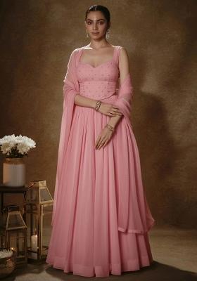 Pink Embroidered Georgette Lehenga Set