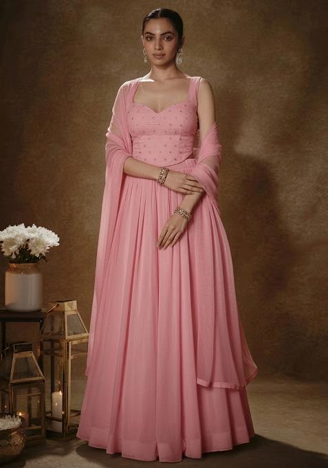 Pink Embroidered Georgette Lehenga Set