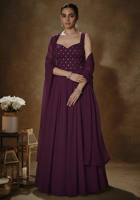 Purple Embroidered Georgette Lehenga Set