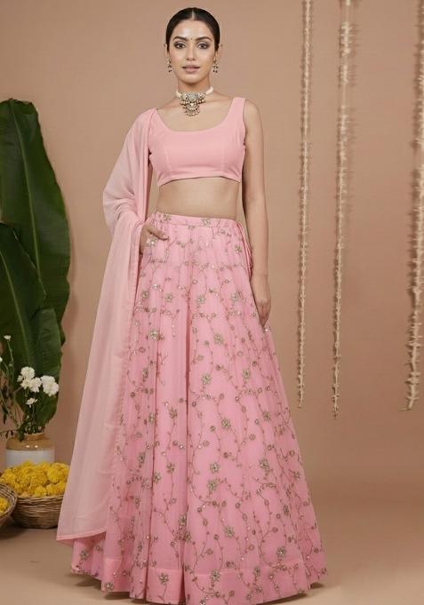 Pink Sequin Crepe Lehenga Set