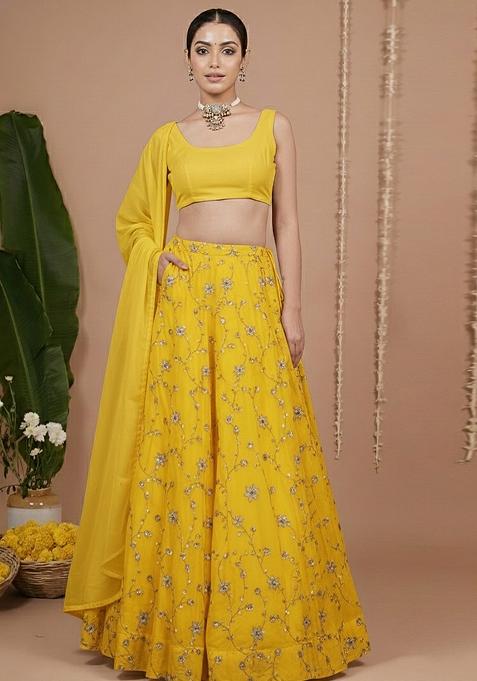 Yellow Sequin Crepe Lehenga Set