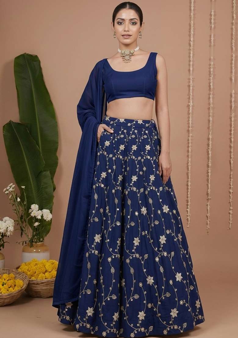 Blue Sequin Crepe Lehenga Set - Indya