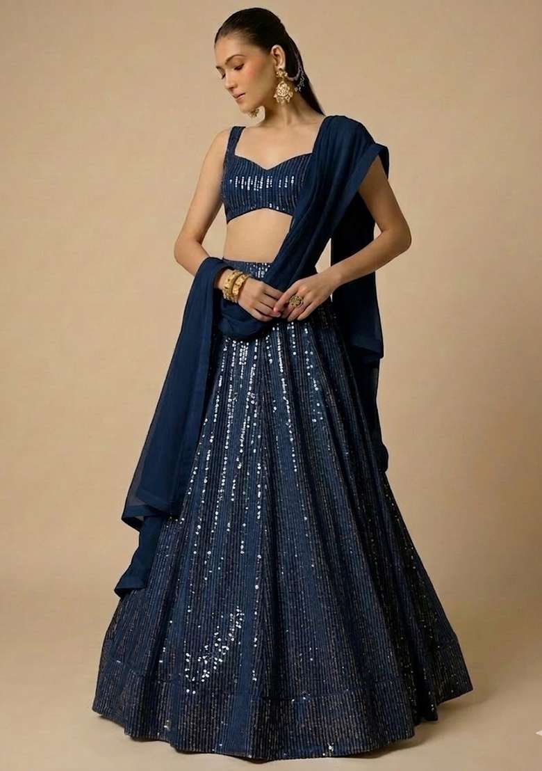 Navy Blue Sequin Georgette Lehenga Set - Indya