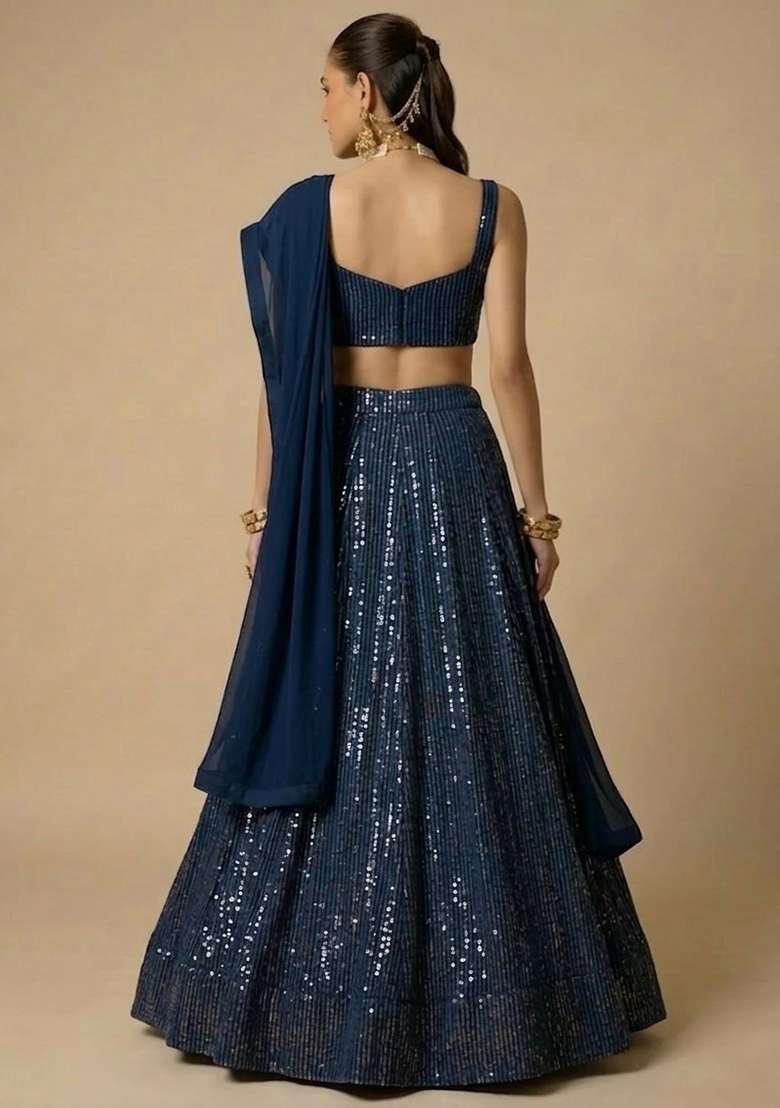 Navy Blue Sequin Georgette Lehenga Set - Indya