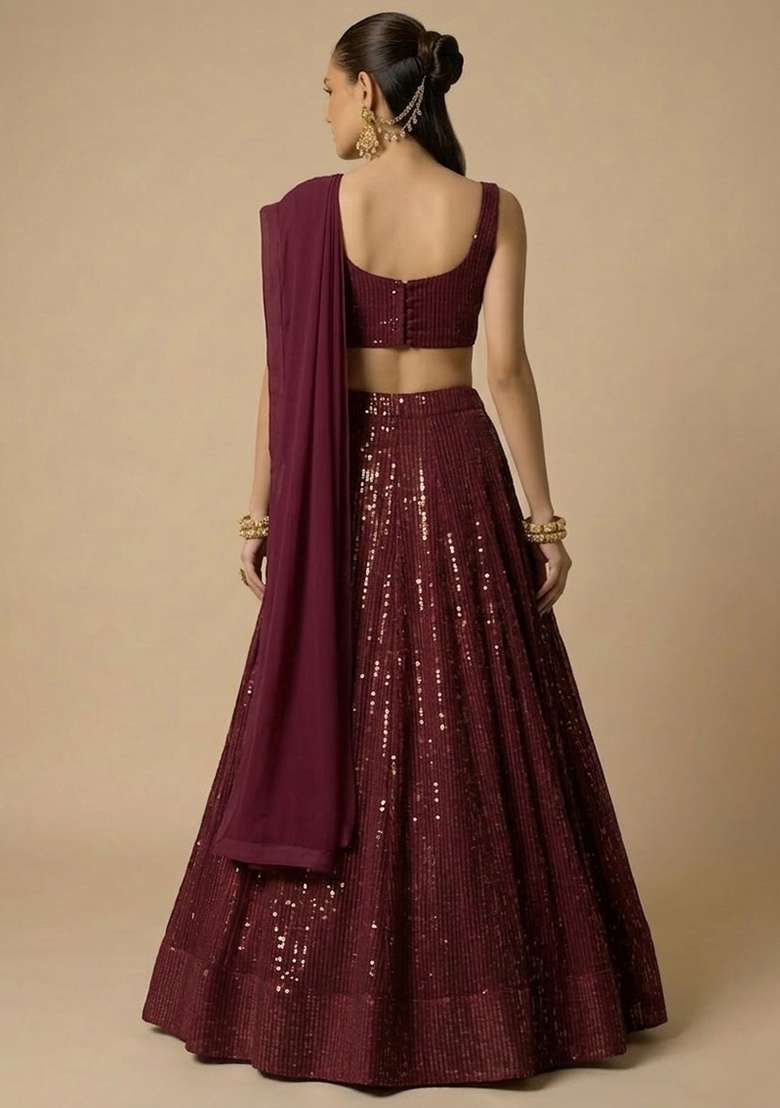 Wine Sequin Georgette Lehenga Set - Indya