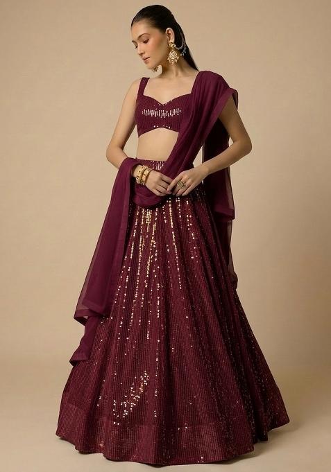 Wine Sequin Georgette Lehenga Set