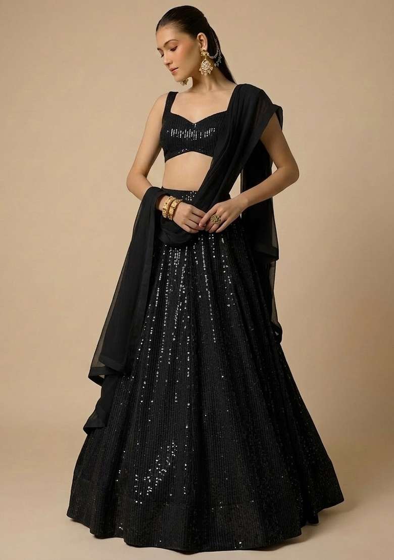 Black Sequin Georgette Lehenga Set - Indya