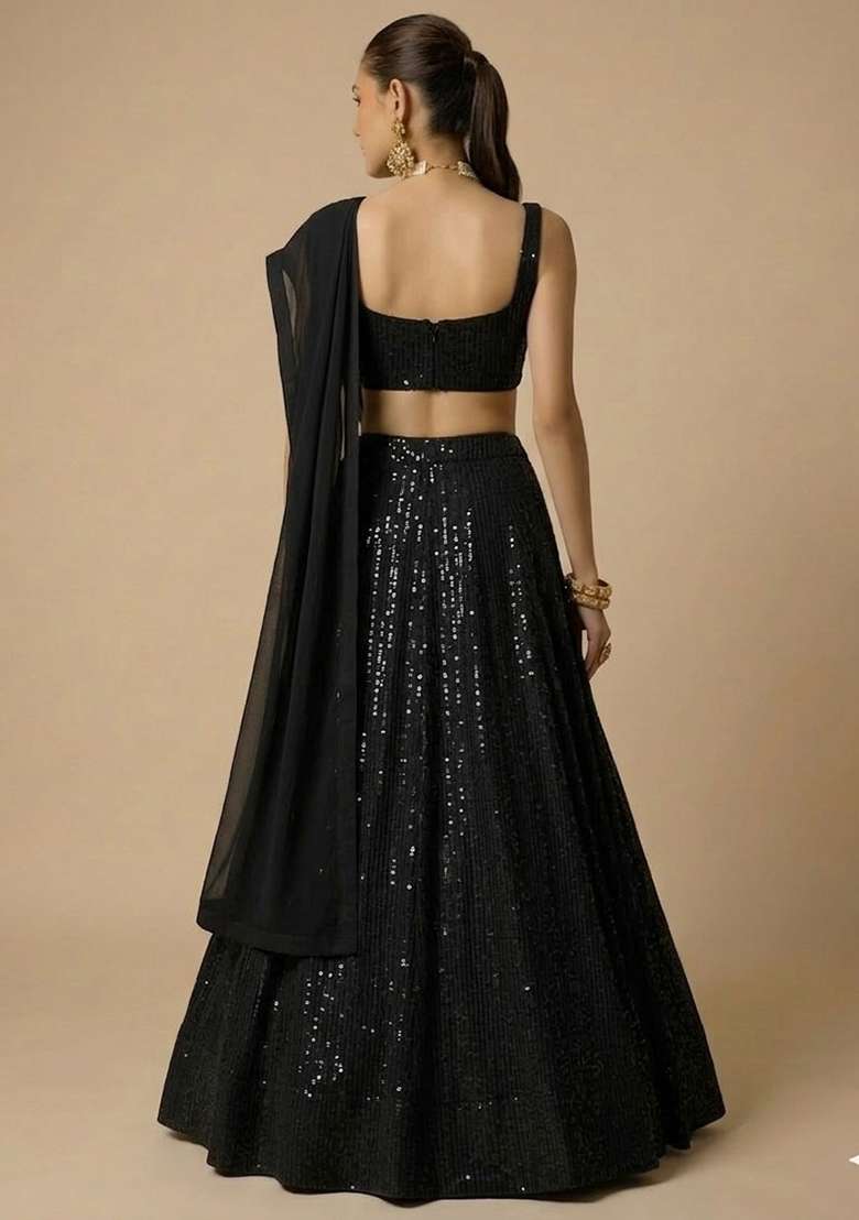 Black Sequin Georgette Lehenga Set - Indya