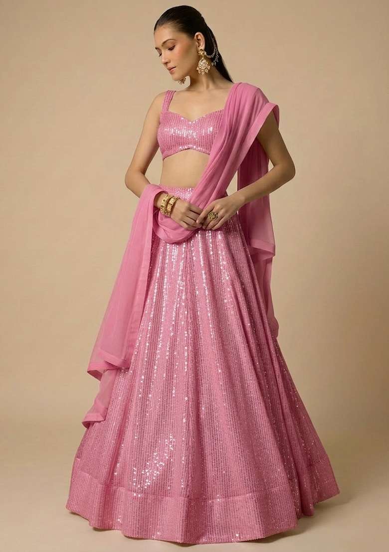 Pink Sequin Georgette Lehenga Set - Indya