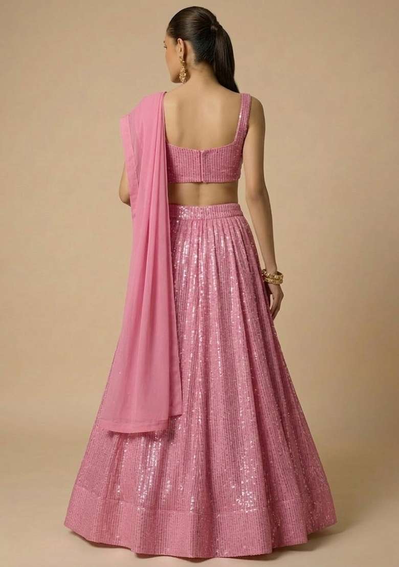 Pink Sequin Georgette Lehenga Set - Indya
