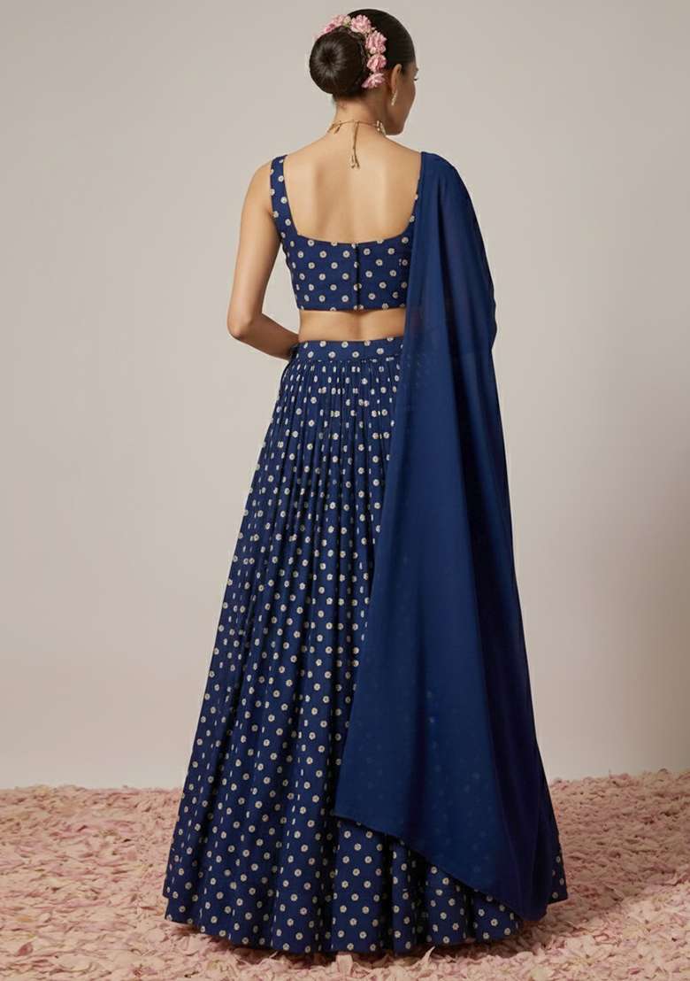 Midnight Blue Silk Blend Lehenga Set - Indya