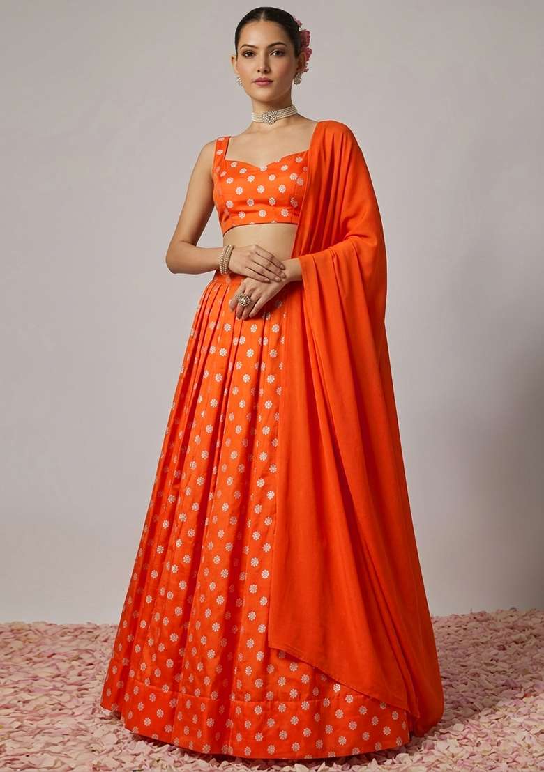 Orange Silk Blend Lehenga Set - Indya