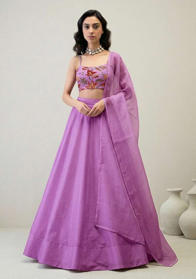 Lilac Embroidered Organza Lehenga Set - Indya