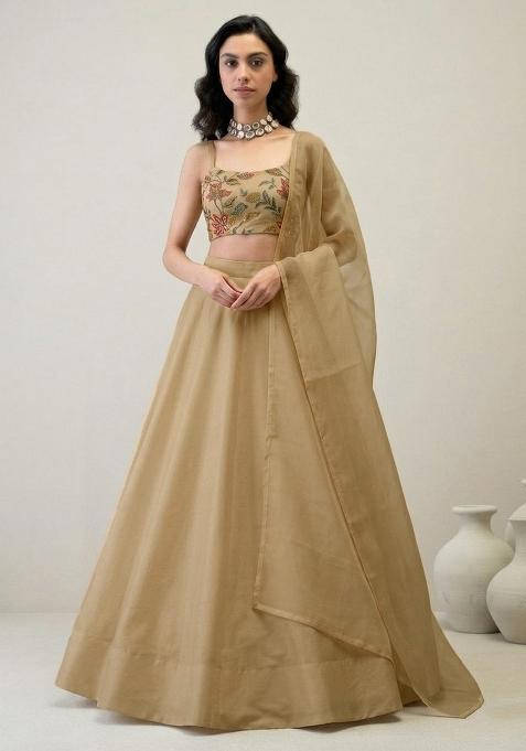 Beige Embroidered Organza Lehenga Set