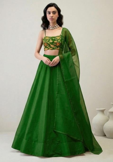 Bottle Green Embroidered Organza Lehenga Set