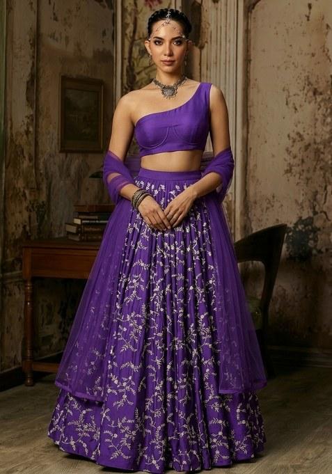 Purple Embroidered Crepe Lehenga Set