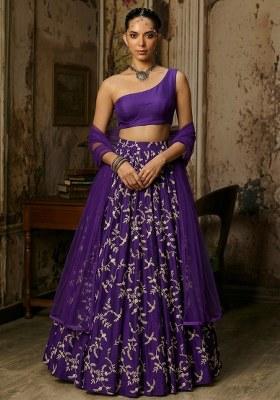 Violet Purple Embroidered Crepe Lehenga Set