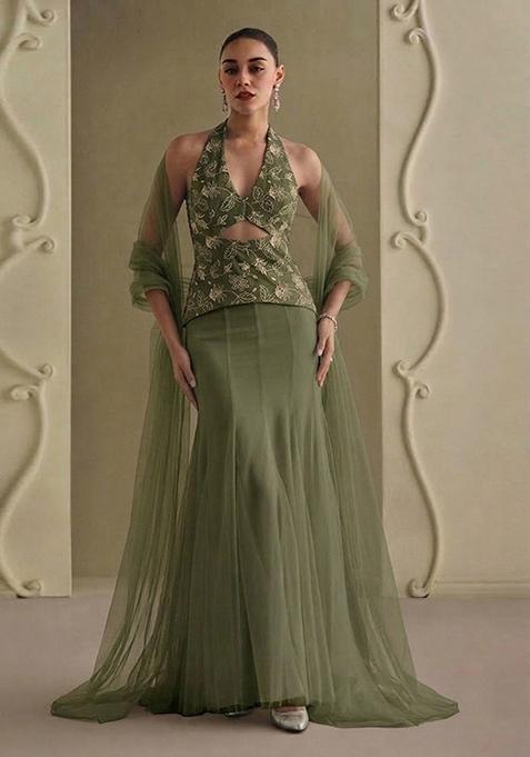 Olive Green Embroidered Net Fusion Set