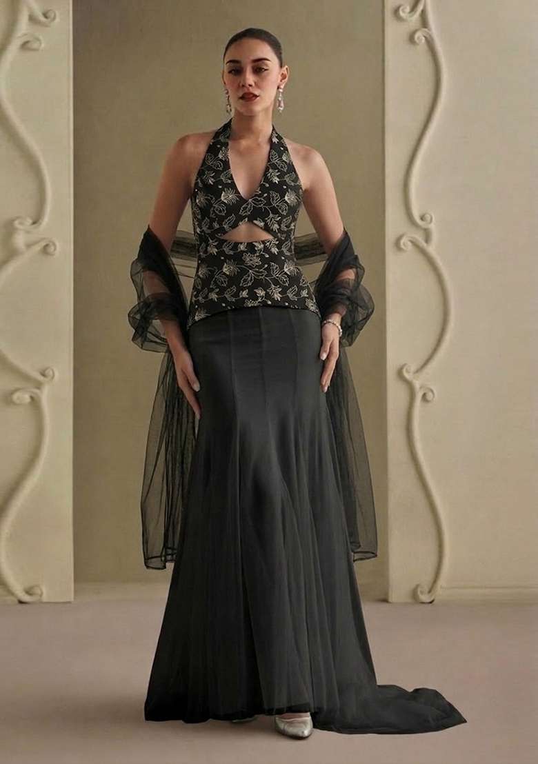 Black Embroidered Net Fusion Set - Indya