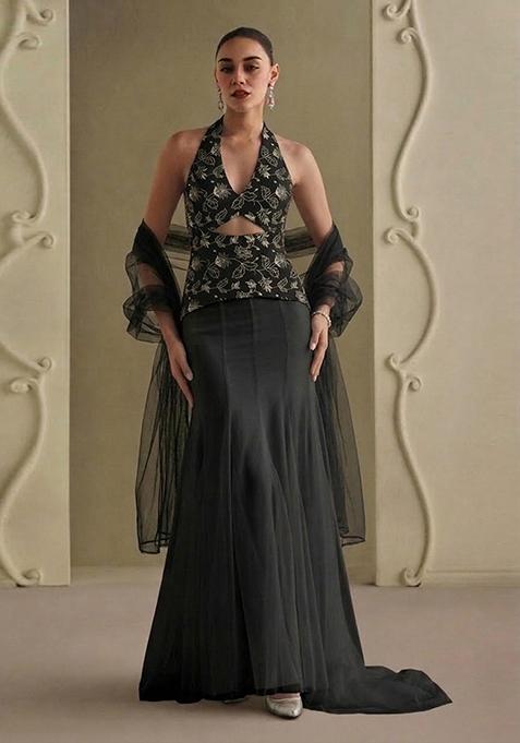 Black Embroidered Net Fusion Set