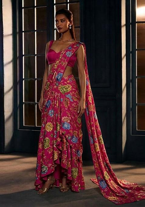 Magenta Pink Printed Crepe Pre Draped Saree Set