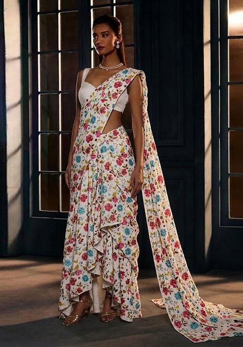 White Printed Crepe Pre Draped Saree Set
