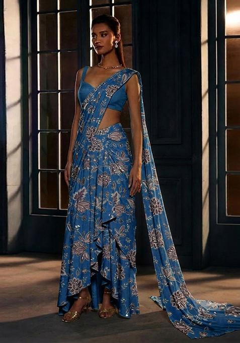 Pastel Blue Printed Crepe Pre Draped Saree Set